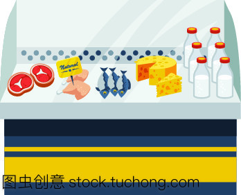 天然食品的概念及其在平面设计中的视觉呈现 乳制品、肉类与鱼类的反矢量插图探索